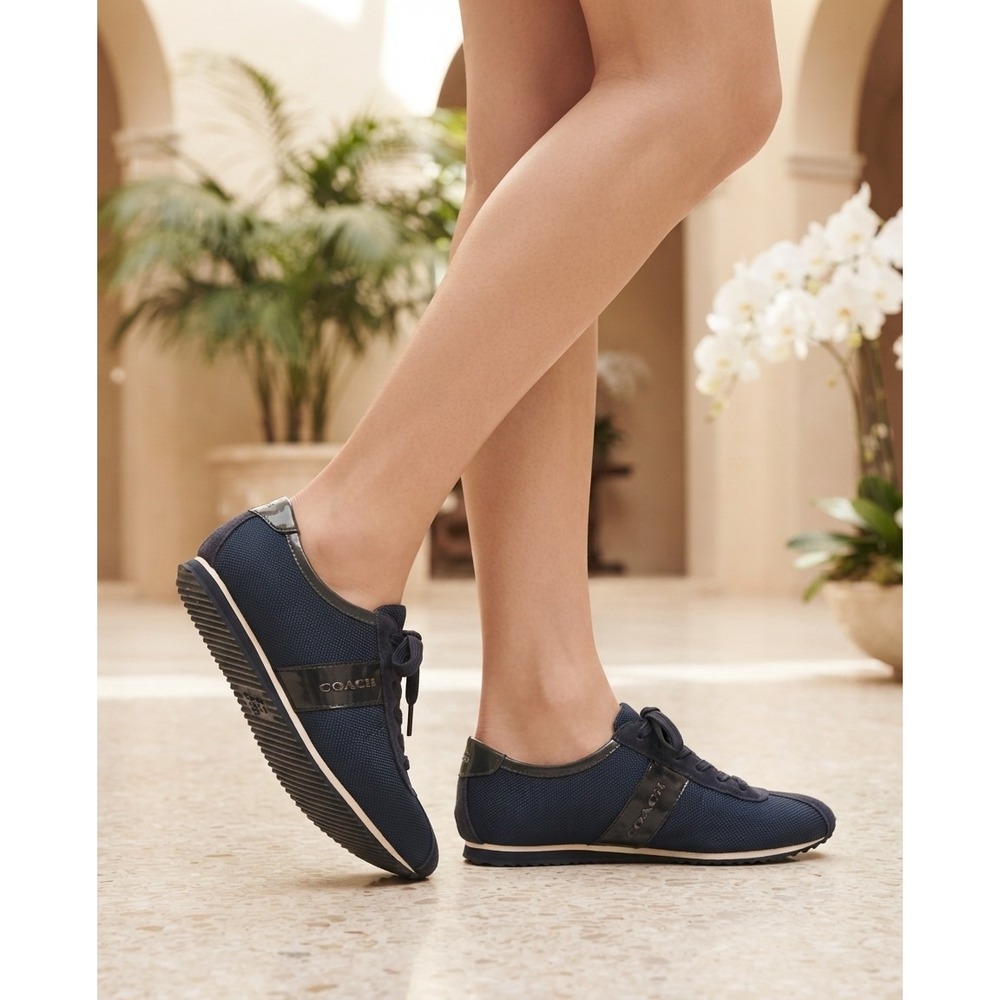 Coach Navy Blue Mesh and Suede Low Top Sneakers Women's Trainers A00469